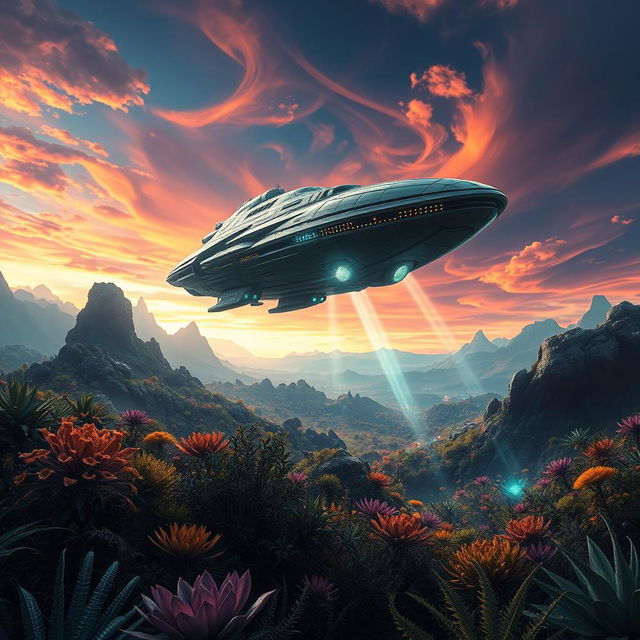 A majestic alien spaceship gracefully landing in a breathtaking alien landscape, filled with vibrant, otherworldly plants and glowing, mystical elements