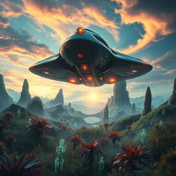 A majestic alien spaceship gracefully landing in a breathtaking alien landscape, filled with vibrant, otherworldly plants and glowing, mystical elements