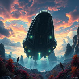 A majestic alien spaceship gracefully landing in a breathtaking alien landscape, filled with vibrant, otherworldly plants and glowing, mystical elements