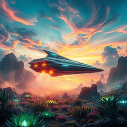 A majestic alien spaceship gracefully landing in a breathtaking alien landscape, filled with vibrant, otherworldly plants and glowing, mystical elements