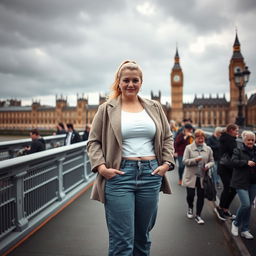 A curvy and chubby blonde 40-year-old lady with her hair in a ponytail, dressed in a roll sleeve white crop top paired with a mink textured wool look oversized blazer