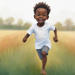 Create a 2D colorful cartoon-style sketch of a small African boy, with noticeably lightened skin, running fearfully across a field. He's dressed in white; the emphasis on his fear is blended with an imaginative, non-realistic style.