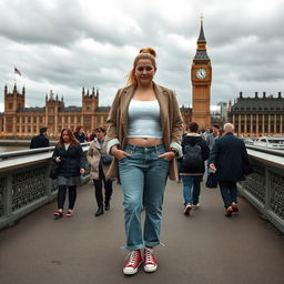 A curvy and chubby blonde 40-year-old lady with her hair in a ponytail, dressed in a roll sleeve white crop top paired with a mink textured wool look oversized blazer