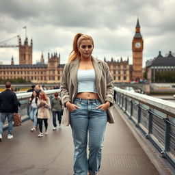 A curvy and chubby blonde 40-year-old lady with her hair in a ponytail, dressed in a roll sleeve white crop top paired with a mink textured wool look oversized blazer