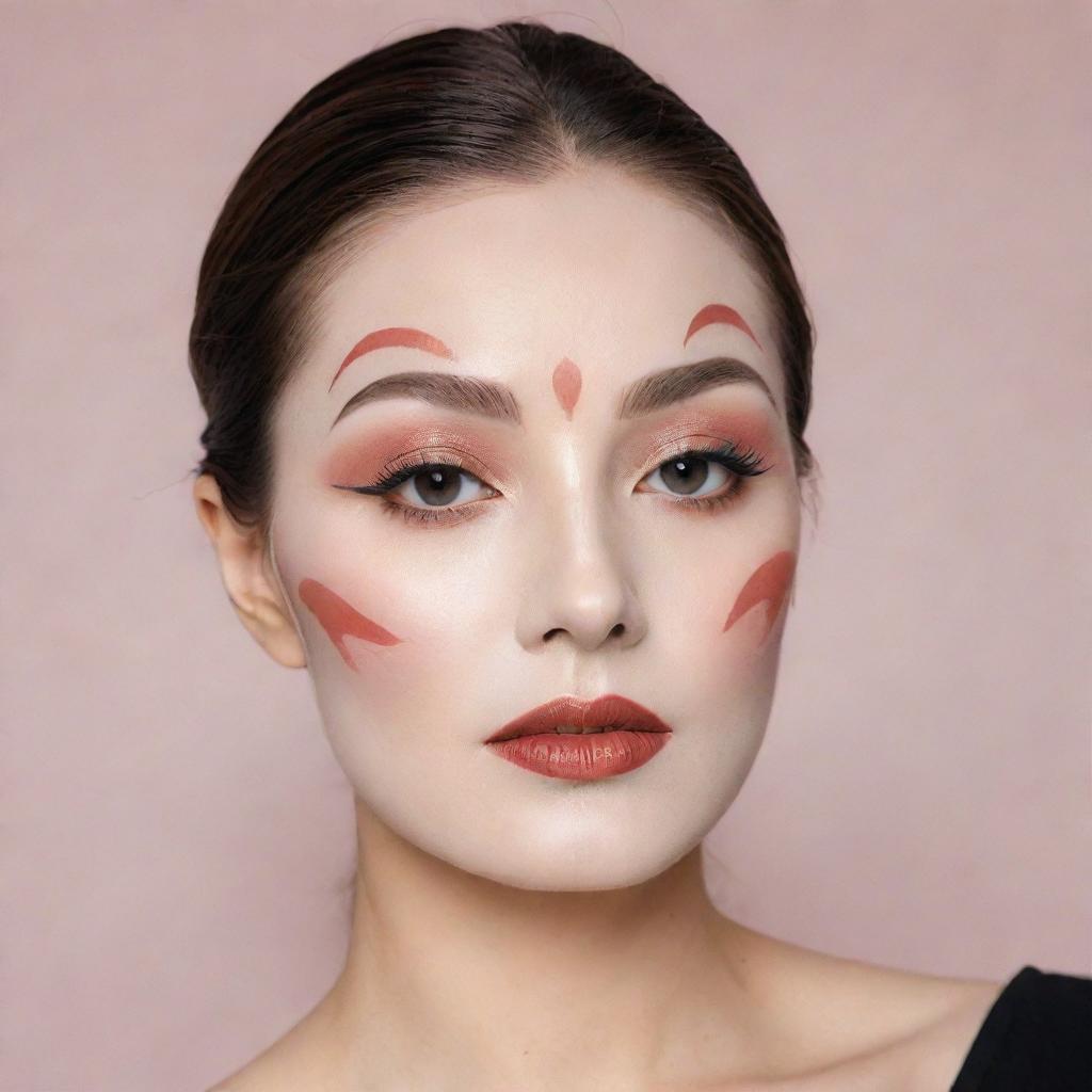 A Korean sheet face mask, half-transparent with an Art Deco makeup illustration in the style of Greta Garbo. It includes thin high brows, sultry eyes, blush, faux grain de beauté, lipstick, and heart-shaped lips, being worn by a real girl.