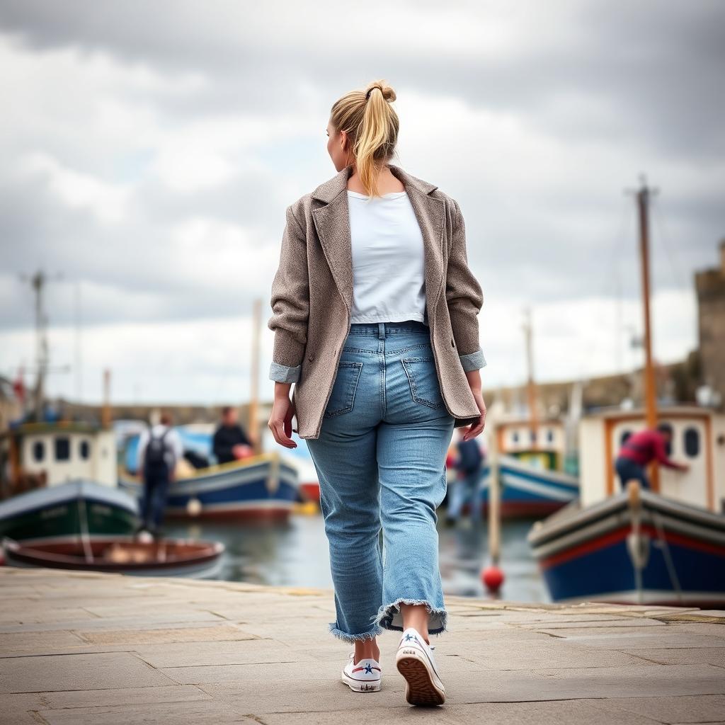 A curvy and chubby blonde 40-year-old lady with her hair in a ponytail, dressed in a roll sleeve white crop top paired with a mink textured wool look oversized blazer