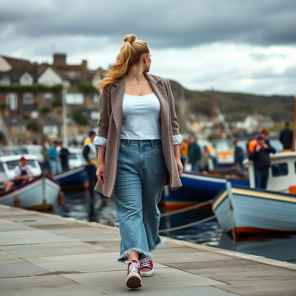 A curvy and chubby blonde 40-year-old lady with her hair in a ponytail, dressed in a roll sleeve white crop top paired with a mink textured wool look oversized blazer