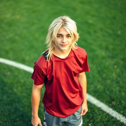 a handsome 15-year-old male with platinum blonde long hair, standing in a soccer field, wearing casual athletic clothing, showing off his charismatic personality and free spirit