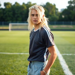 a handsome 15-year-old male with platinum blonde long hair, standing in a soccer field, wearing casual athletic clothing, showing off his charismatic personality and free spirit