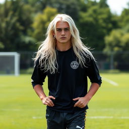 a handsome 15-year-old male with platinum blonde long hair, standing in a soccer field, wearing casual athletic clothing, showing off his charismatic personality and free spirit