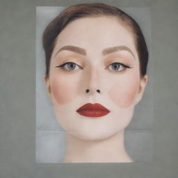 A Korean sheet face mask, half-transparent with an Art Deco makeup illustration in the style of Greta Garbo. It includes thin high brows, sultry eyes, blush, faux grain de beauté, lipstick, and heart-shaped lips, being worn by a real girl.