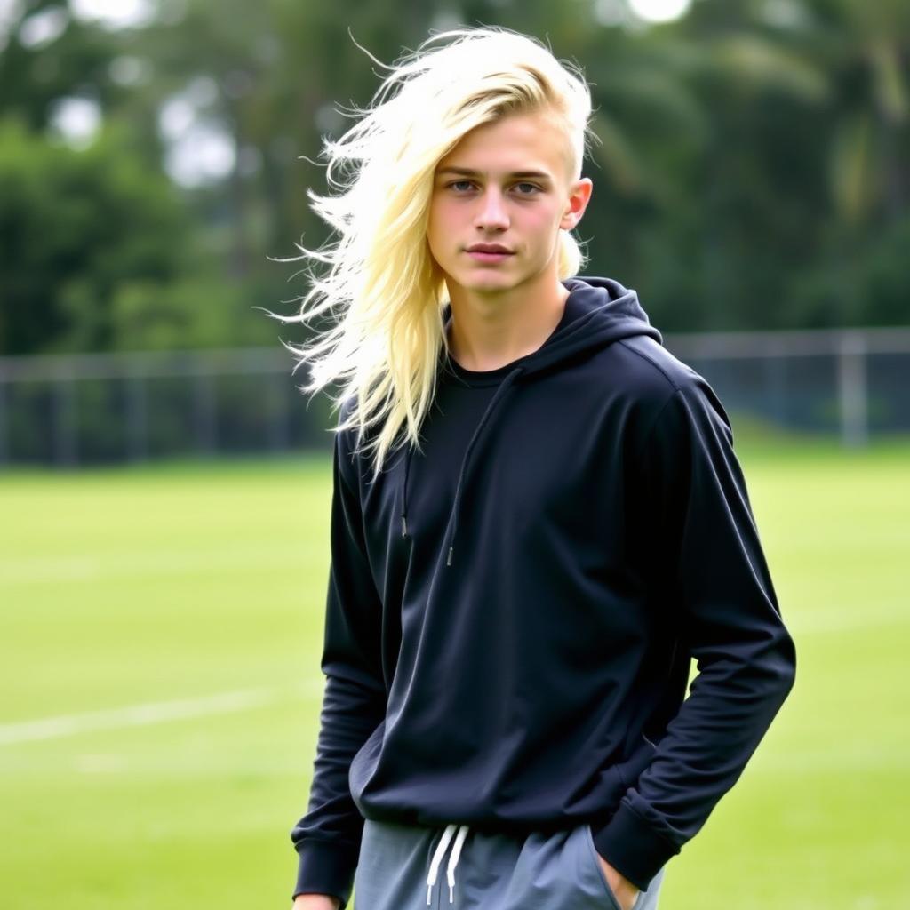 a handsome 15-year-old male with platinum blonde long hair, standing in a soccer field, wearing casual athletic clothing, showing off his charismatic personality and free spirit