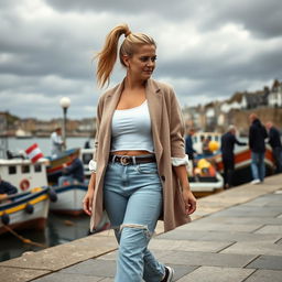 A curvy and chubby blonde 40-year-old lady with her hair in a ponytail, dressed in a roll sleeve white crop top paired with a mink textured wool look oversized blazer