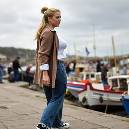 A curvy and chubby blonde 40-year-old lady with her hair in a ponytail, dressed in a roll sleeve white crop top paired with a mink textured wool look oversized blazer