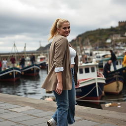 A curvy and chubby blonde 40-year-old lady with her hair in a ponytail, dressed in a roll sleeve white crop top paired with a mink textured wool look oversized blazer