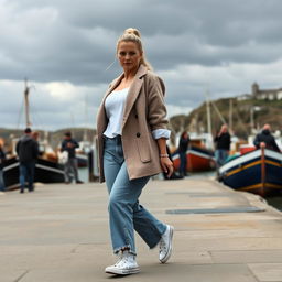 A curvy and chubby blonde 40-year-old lady with her hair in a ponytail, dressed in a roll sleeve white crop top paired with a mink textured wool look oversized blazer