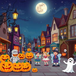 A lively Halloween scene depicted in a high-definition flat cartoon style in a small town square during the night