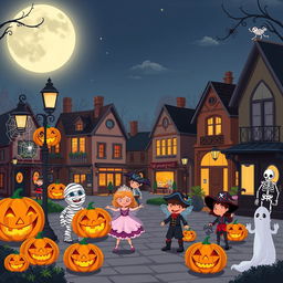 A lively Halloween scene depicted in a high-definition flat cartoon style in a small town square during the night