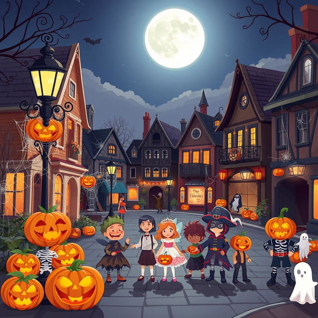 A lively Halloween scene depicted in a high-definition flat cartoon style in a small town square during the night