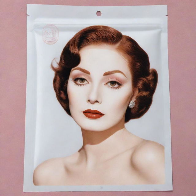 A Korean sheet face mask, half-transparent with an Art Deco makeup illustration in the style of Greta Garbo. It includes thin high brows, sultry eyes, blush, faux grain de beauté, lipstick, and heart-shaped lips, being worn by a real girl.