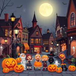 A lively Halloween scene depicted in a high-definition flat cartoon style in a small town square during the night