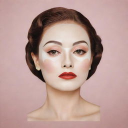 A Korean sheet face mask, half-transparent with an Art Deco makeup illustration in the style of Greta Garbo. It includes thin high brows, sultry eyes, blush, faux grain de beauté, lipstick, and heart-shaped lips, being worn by a real girl.