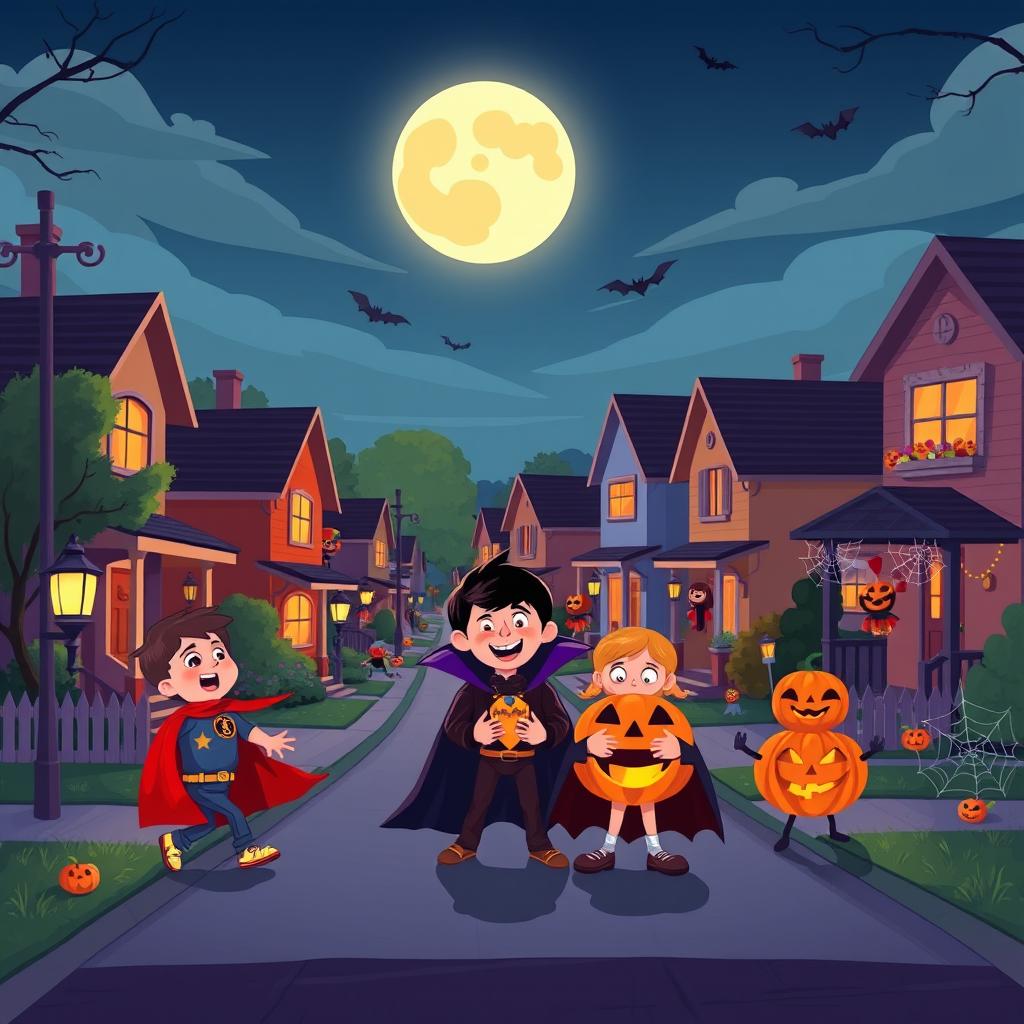 A dynamic Halloween scene in a vibrant flat cartoon style, set on a bustling suburban street during the night