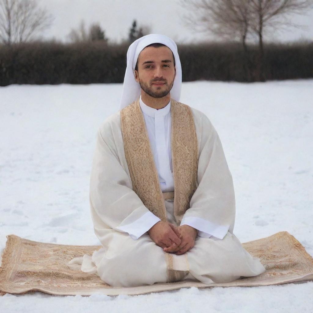 A 30-year-old man in traditional Arabic attire consisting of a white abaya and a beige dashdasha. He is sitting in the seiza position on a blanket of snow, viewed from the right side.