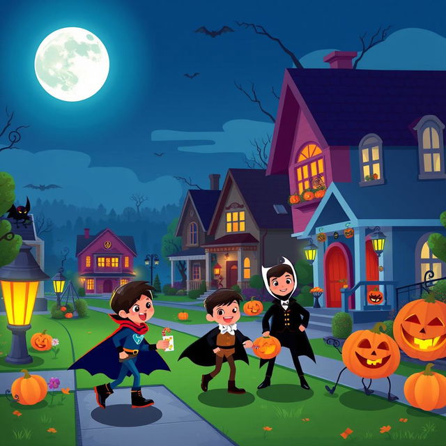 A dynamic Halloween scene in a vibrant flat cartoon style, set on a bustling suburban street during the night