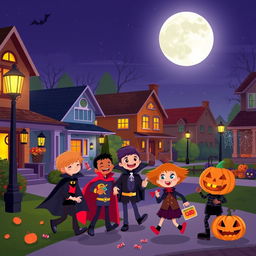 A dynamic Halloween scene in a vibrant flat cartoon style, set on a bustling suburban street during the night