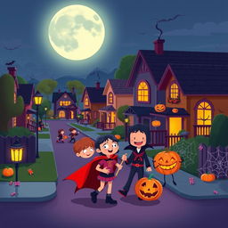 A dynamic Halloween scene in a vibrant flat cartoon style, set on a bustling suburban street during the night