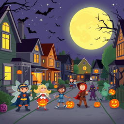 An exciting Halloween scene in a flat cartoon style, set in a lively neighborhood during the nighttime