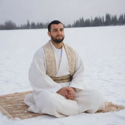 A 30-year-old man in traditional Arabic attire consisting of a white abaya and a beige dashdasha. He is sitting in the seiza position on a blanket of snow, viewed from the right side.