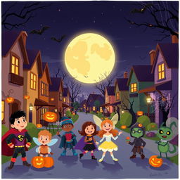 An exciting Halloween scene in a flat cartoon style, set in a lively neighborhood during the nighttime