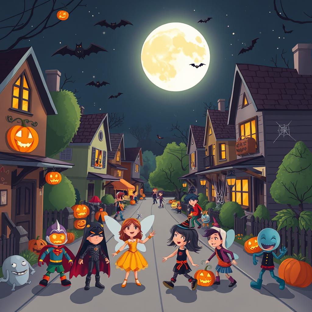 An exciting Halloween scene in a flat cartoon style, set in a lively neighborhood during the nighttime