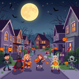 An exciting Halloween scene in a flat cartoon style, set in a lively neighborhood during the nighttime