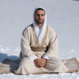 A 30-year-old man in traditional Arabic attire consisting of a white abaya and a beige dashdasha. He is sitting in the seiza position on a blanket of snow, viewed from the right side.