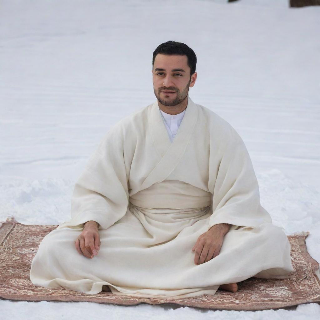 A 30-year-old man in traditional Arabic attire consisting of a white abaya and a beige dashdasha. He is sitting in the seiza position on a blanket of snow, viewed from the right side.