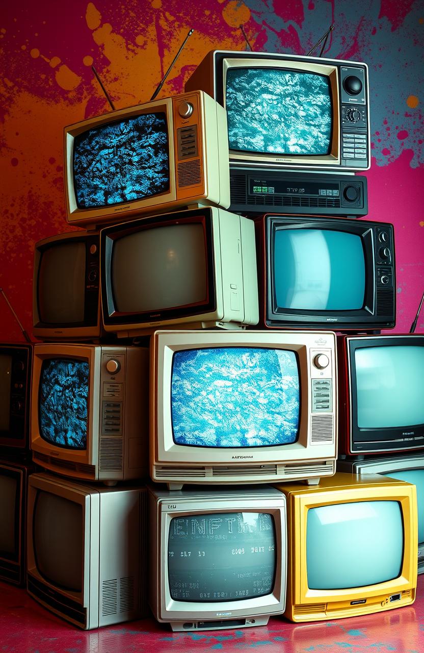 An array of vintage LCD box televisions, set against a vibrant retro background, resembling a mix of technology nostalgia with a splash of vivid colors