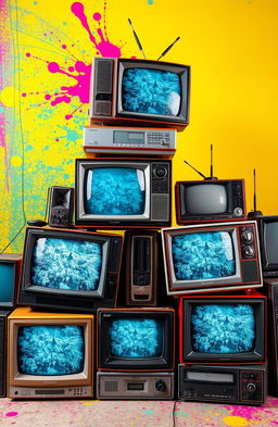 An array of vintage LCD box televisions, set against a vibrant retro background, resembling a mix of technology nostalgia with a splash of vivid colors