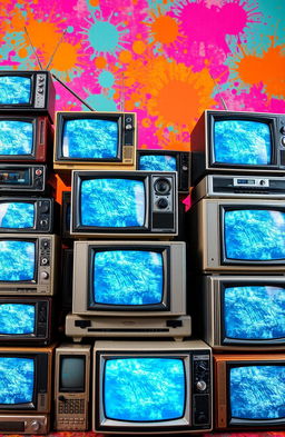 An array of vintage LCD box televisions, set against a vibrant retro background, resembling a mix of technology nostalgia with a splash of vivid colors