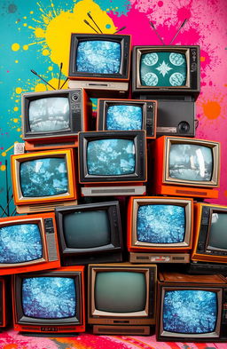 An array of vintage LCD box televisions, set against a vibrant retro background, resembling a mix of technology nostalgia with a splash of vivid colors