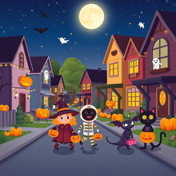 A charming Halloween scene in an HD flat cartoon style, set in a vibrant neighborhood street during the evening