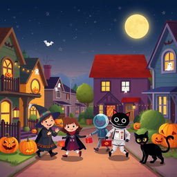 A charming Halloween scene in an HD flat cartoon style, set in a vibrant neighborhood street during the evening