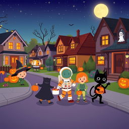 A charming Halloween scene in an HD flat cartoon style, set in a vibrant neighborhood street during the evening