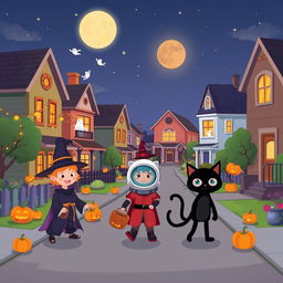 A charming Halloween scene in an HD flat cartoon style, set in a vibrant neighborhood street during the evening