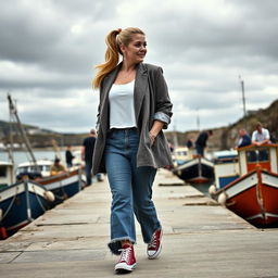 A curvy and chubby blonde 40-year-old lady with her hair in a ponytail, dressed in a roll sleeve white crop top paired with a mink textured wool look oversized blazer