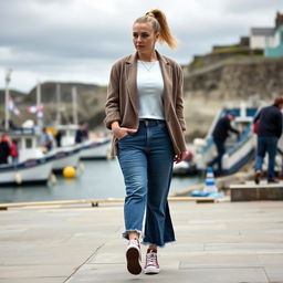 A curvy and chubby blonde 40-year-old lady with her hair in a ponytail, dressed in a roll sleeve white crop top paired with a mink textured wool look oversized blazer