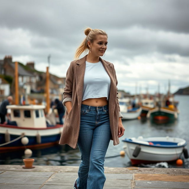 A curvy and chubby blonde 40-year-old lady with her hair in a ponytail, dressed in a roll sleeve white crop top paired with a mink textured wool look oversized blazer