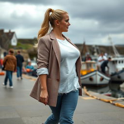 A curvy and chubby blonde 40-year-old lady with her hair in a ponytail, dressed in a roll sleeve white crop top paired with a mink textured wool look oversized blazer